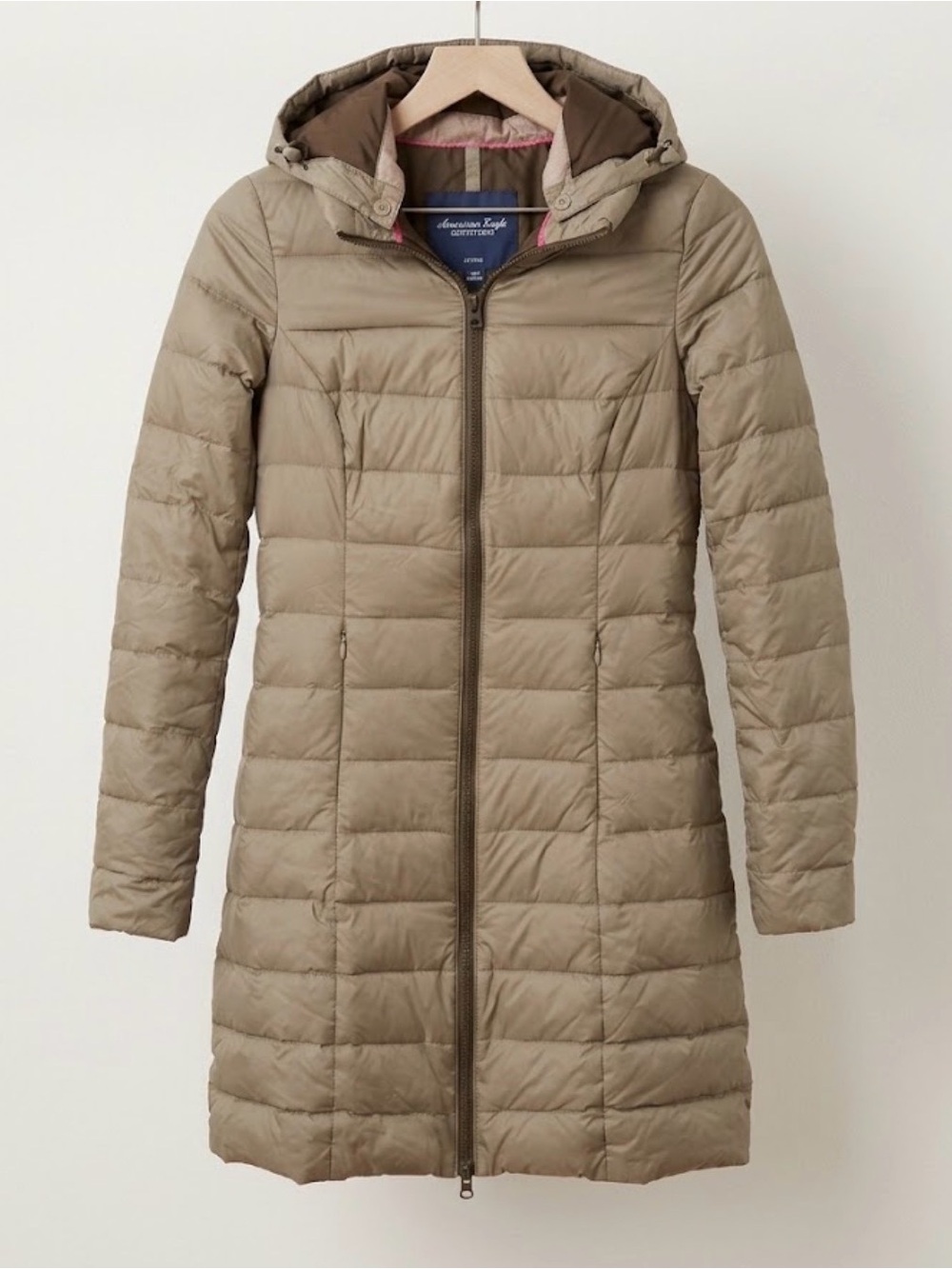 American Eagle Hooded Long Down Puffer Coat in Taupe Extra warm